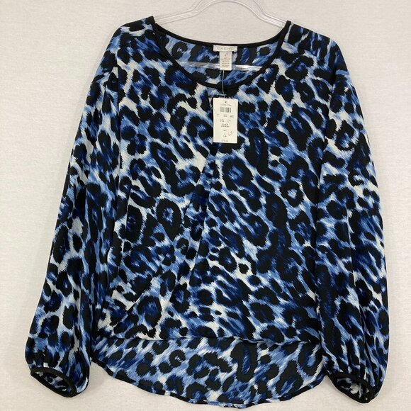 New Cache Small Black Blue Leopard Print Relaxed Flowy Long Sleeve Blouse - Picture 1 of 9